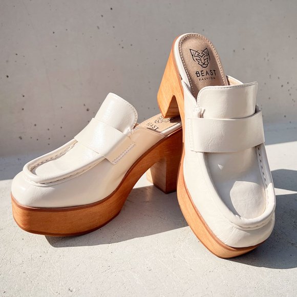 NEW Penny Loafer Wooden Platform Heel Clog Mules Shoes Chunky Off White Bone - Picture 3 of 16